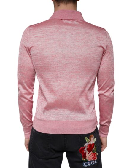 Pink Polyester Long Sleeve Men Polo T-shirt - Image 4