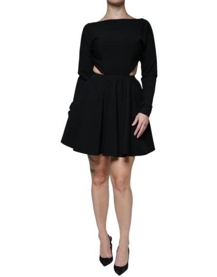 Black Viscose Cut Out A-line Long Sleeves Mini Dress - Image 2