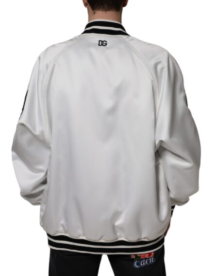 White Polyester Logo Full Zip Bomber Jacket - Image 4
