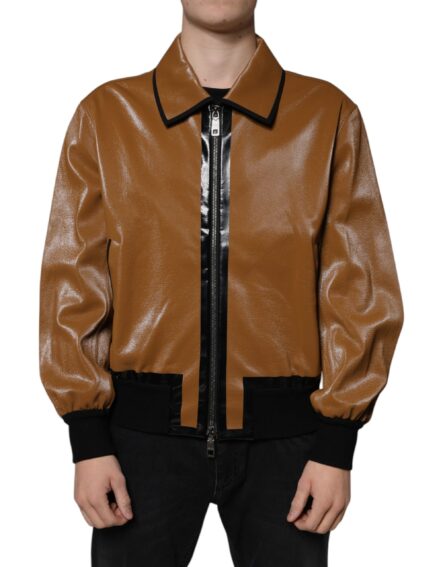 Brown Leather Full Zip Men Bomber Jacket - Image 2