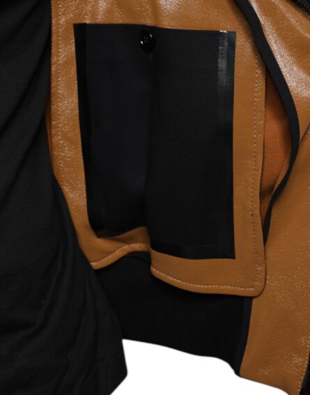 Brown Leather Full Zip Men Bomber Jacket - Image 7