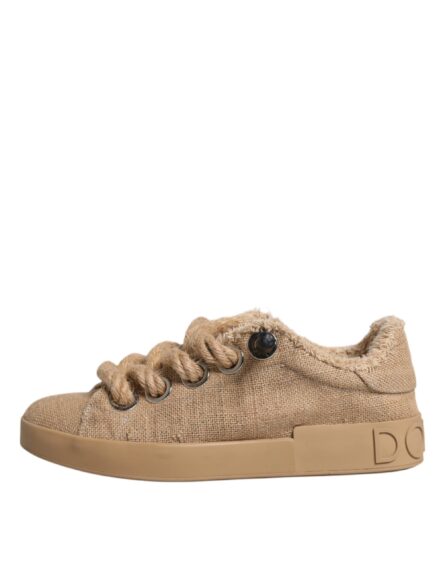 Brown Jute Fabric Low Top Men Sneakers Shoes - Image 5