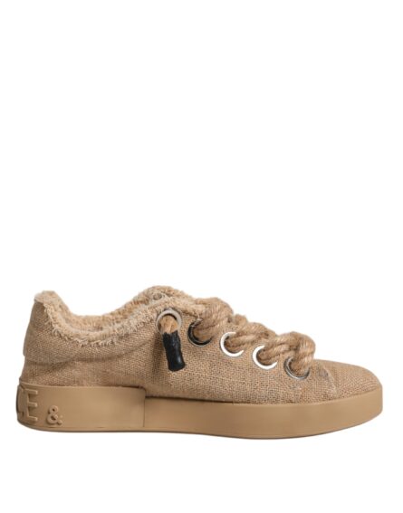 Brown Jute Fabric Low Top Men Sneakers Shoes - Image 6