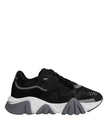 Black Leather Neoprene Chunky Low Top Sneakers Squalo Shoes - Image 5