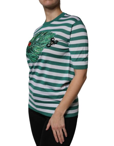 White Green Stripe Leaf Crew Neck T-shirt - Image 3