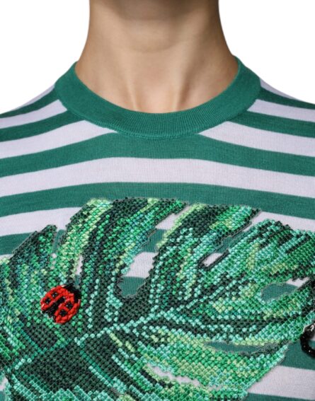 White Green Stripe Leaf Crew Neck T-shirt - Image 5