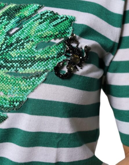 White Green Stripe Leaf Crew Neck T-shirt - Image 8