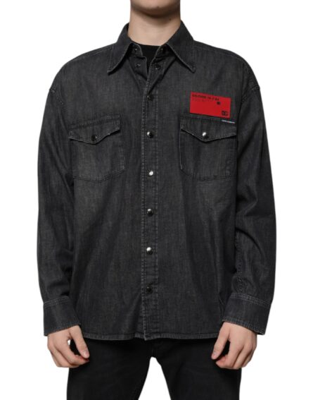 Black Logo Cotton Button Down Denim Shirt - Image 2
