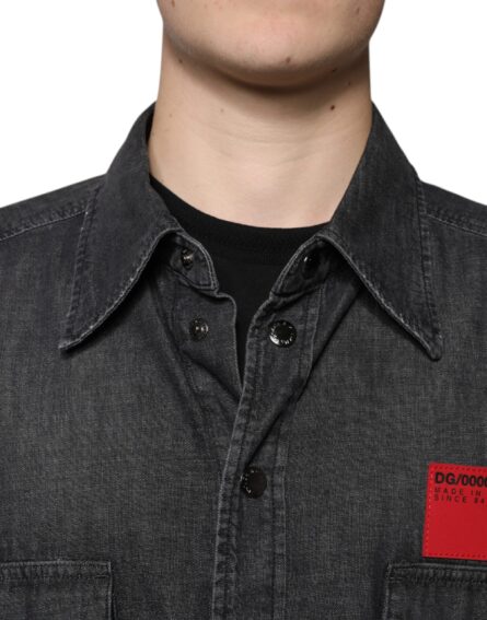 Black Logo Cotton Button Down Denim Shirt - Image 5