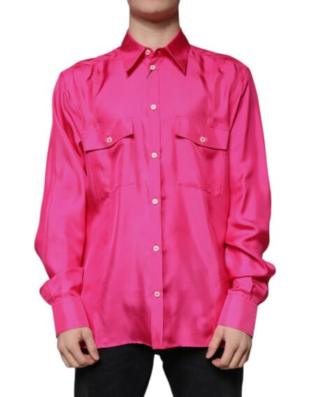 Pink Silk Collared Button Down Men Shirt - Image 2