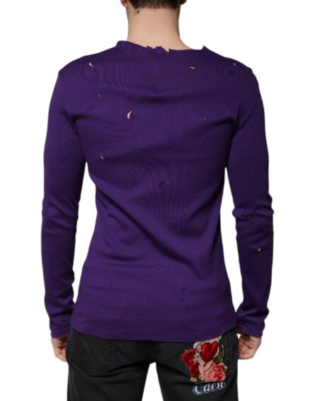 Purple Cotton Round Neck Pullover Men Sweater - Image 4