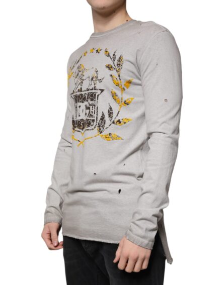 Gray Printed Cotton Crewneck Pullover Sweater - Image 3