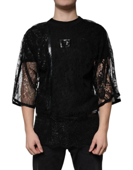 Black Nylon Floral Lace Crew Neck T-shirt - Image 2