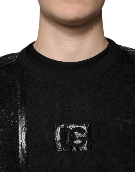 Black Nylon Floral Lace Crew Neck T-shirt - Image 5