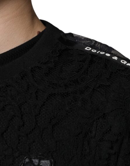 Black Nylon Floral Lace Crew Neck T-shirt - Image 6
