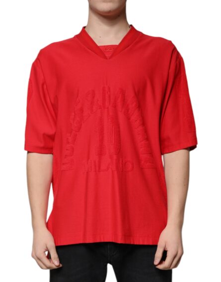 Red Cotton V-neck Short Sleeves T-shirt - Image 2