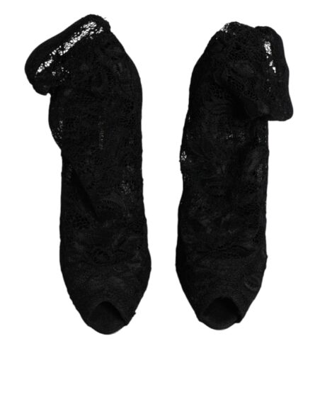 Black Lace Stretch Heels Mid Calf Boots Shoes - Image 2