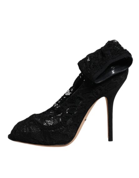 Black Lace Stretch Heels Mid Calf Boots Shoes - Image 5