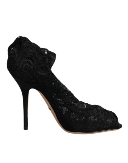 Black Lace Stretch Heels Mid Calf Boots Shoes - Image 7