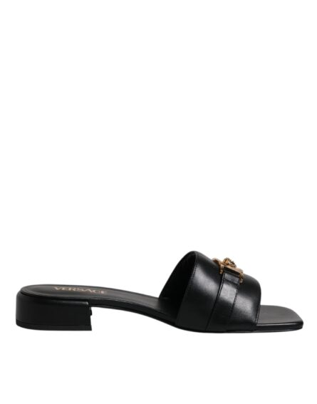 Black Leather Logo Plaque Slip On Slides Flats Shoes - Image 7