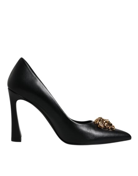 Black Leather Logo Plaque High Heels Pumps Shoes - Image 6