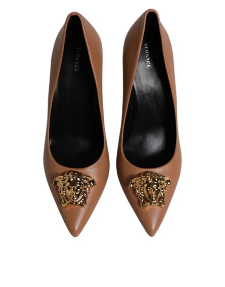Brown Leather Logo Plaque High Heels Pumps Shoes - Image 2