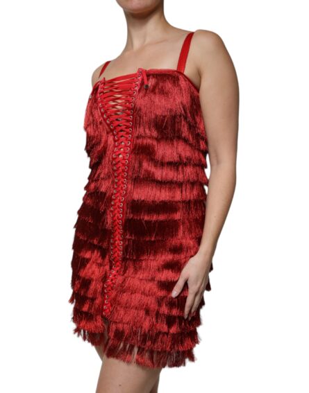 Red Lace Tassel Sleeveless Sheath Mini Dress - Image 3