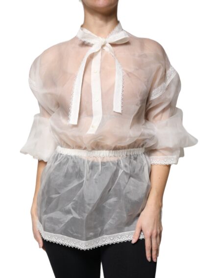 White Ascot Collar Long Sleeves Blouse Top - Image 2