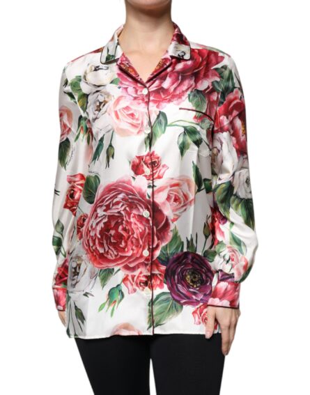 White Peony Silk Long Sleeves Collared Blouse Top - Image 2