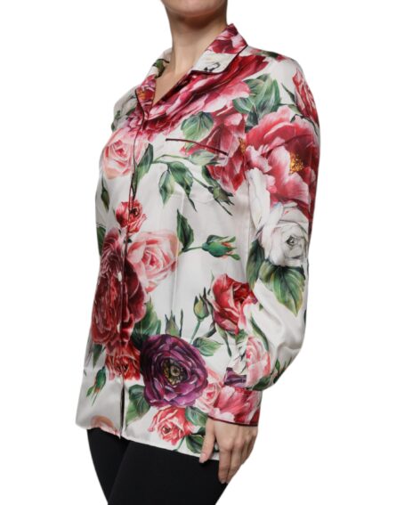 White Peony Silk Long Sleeves Collared Blouse Top - Image 3