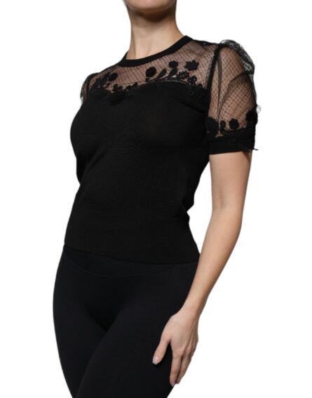 Black Floral Lace Short Sleeves Blouse Top - Image 3