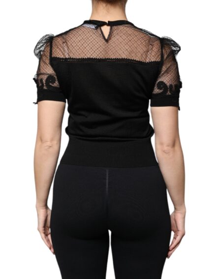 Black Floral Lace Short Sleeves Blouse Top - Image 4