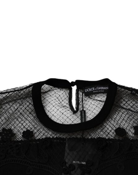 Black Floral Lace Short Sleeves Blouse Top - Image 7