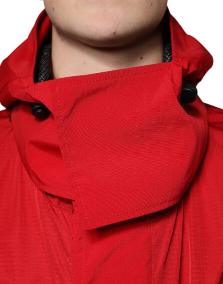 Red Nylon Hooded Men Full Zip Parka Jacket - Image 5