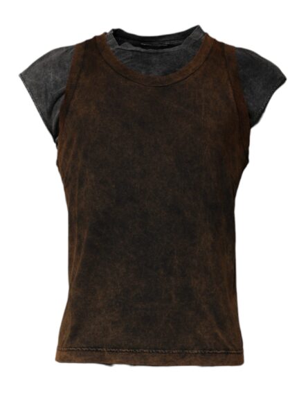 Brown Cotton Round Neck Sleeveless T-shirt - Image 2