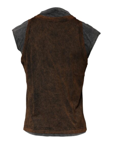 Brown Cotton Round Neck Sleeveless T-shirt - Image 5