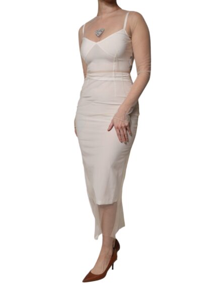 White Sheer Tulle Bustier Bodycon Midi Dress - Image 3