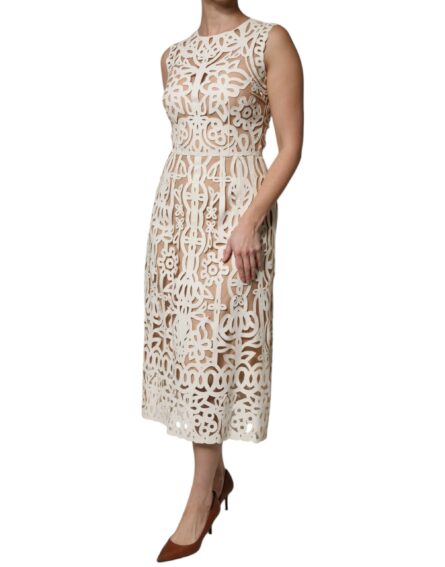 White Cut Out Leather Sleeveless Midi Dress - Image 3