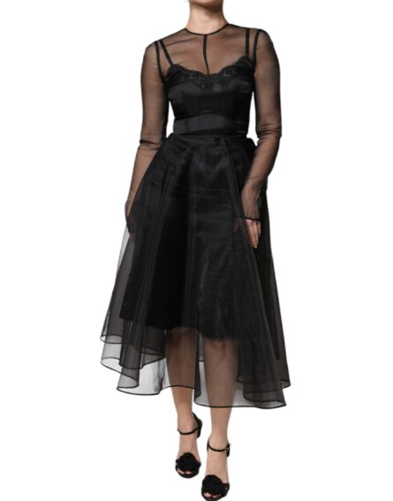 Black Tulle A-line Midi Cocktail Gown Dress - Image 2