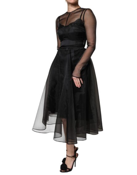 Black Tulle A-line Midi Cocktail Gown Dress - Image 3