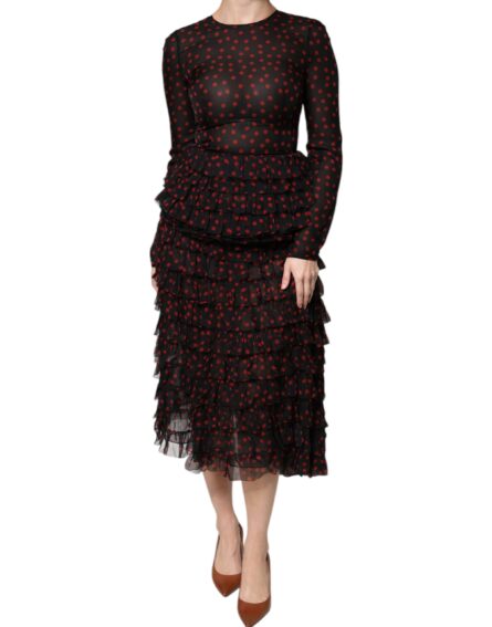 Black Red Polka Dot Silk Layered Midi Dress - Image 2