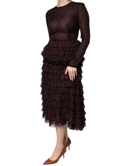 Black Red Polka Dot Silk Layered Midi Dress - Image 3