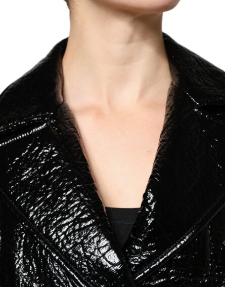 Black Leather Cropped Long Sleeve Coat Jacket - Image 5
