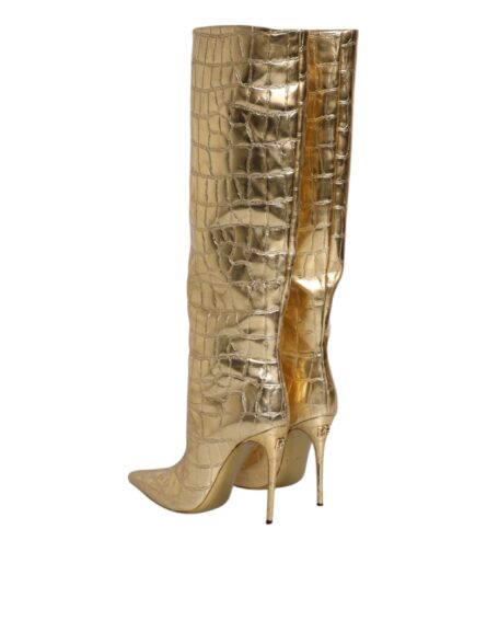 Gold Leather Stiletto Heels High Boots Shoes - Image 4