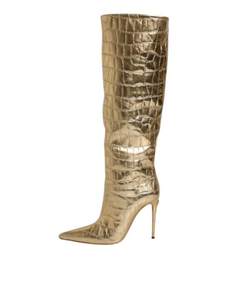 Gold Leather Stiletto Heels High Boots Shoes - Image 5