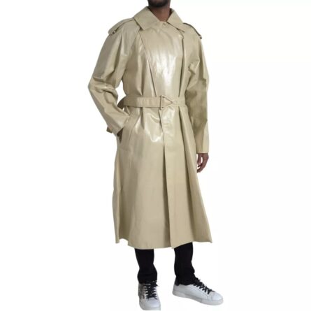 Beige Lambskin Leather Trench Coat Jacket - Image 3