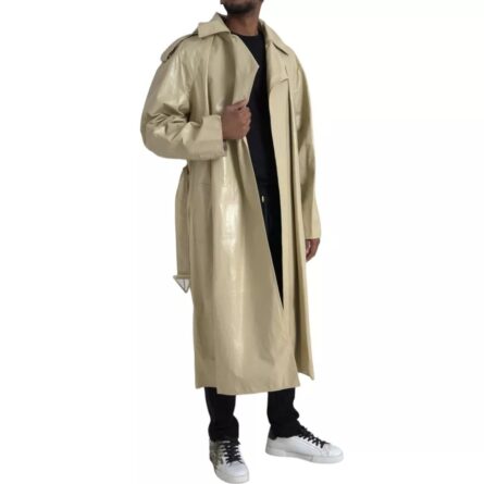 Beige Lambskin Leather Trench Coat Jacket - Image 4