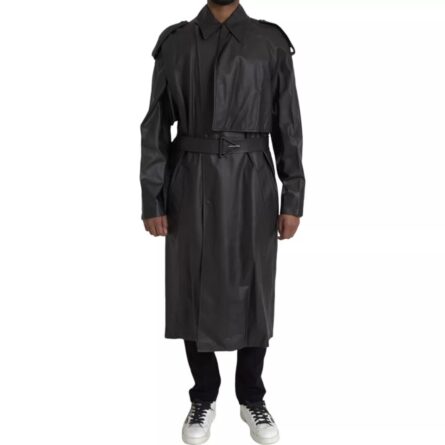 Black Leather Men Waterproof Trenchcoat Jacket - Image 2