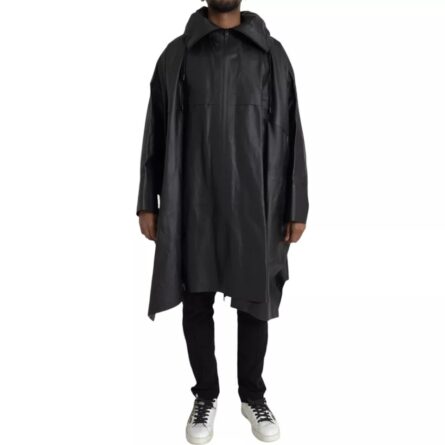 Black Leather Hooded Men Trenchcoat Jacket - Image 2