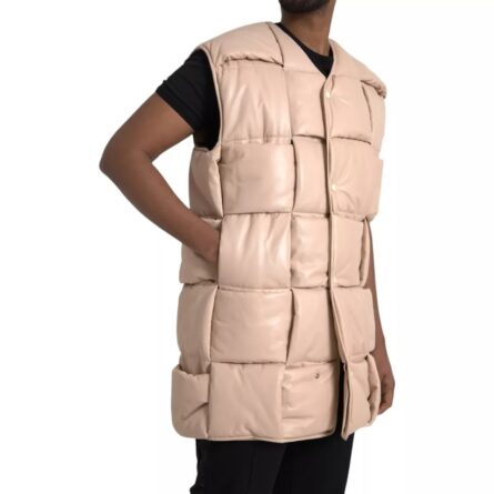 Beige Quilted Sleeveless Calf Leather Jacket - Image 4